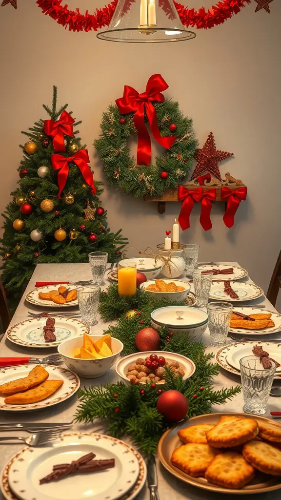 15 Creative Christmas Party Theme Ideas for Your Holiday Celebration 2 A festive Christmas dining table with a decorated tree, wreath, and an array of snacks.