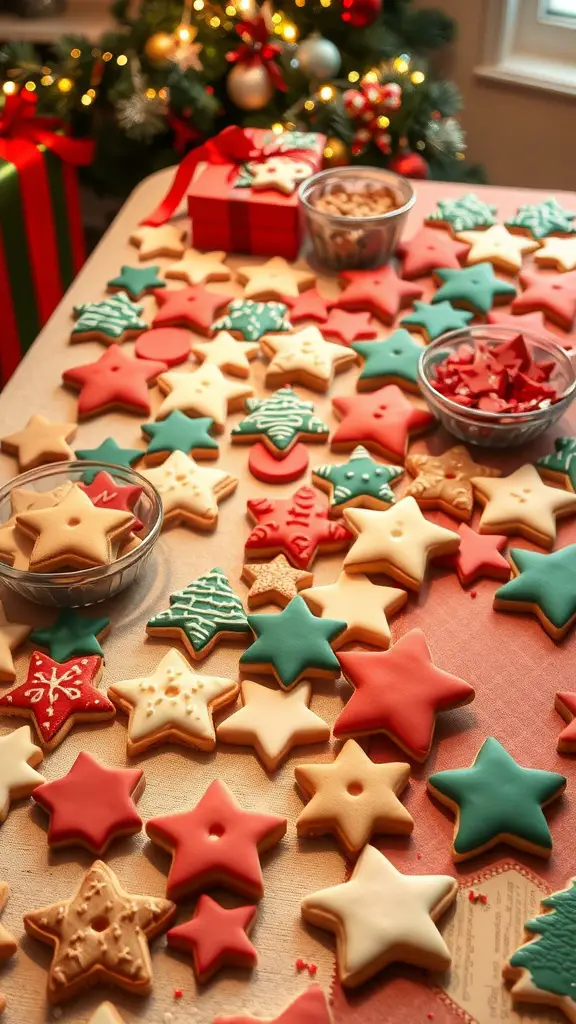 15 Creative Christmas Party Theme Ideas for Your Holiday Celebration 17 A festive table filled with colorful Christmas cookies in various shapes, surrounded by bowls of decorations.