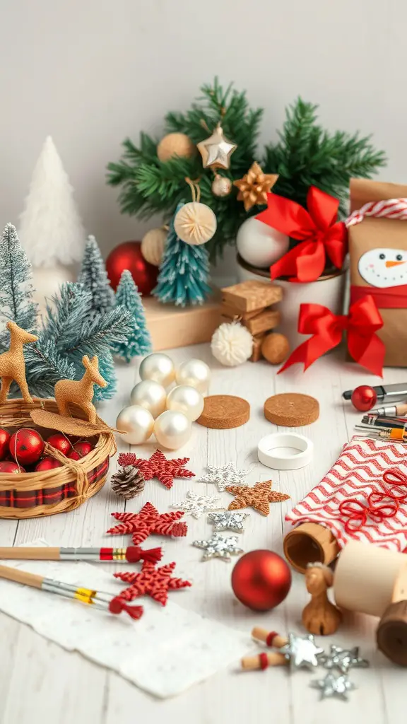 15 Creative Christmas Party Theme Ideas for Your Holiday Celebration 12 A festive crafting setup with Christmas decorations, supplies, and ornaments.