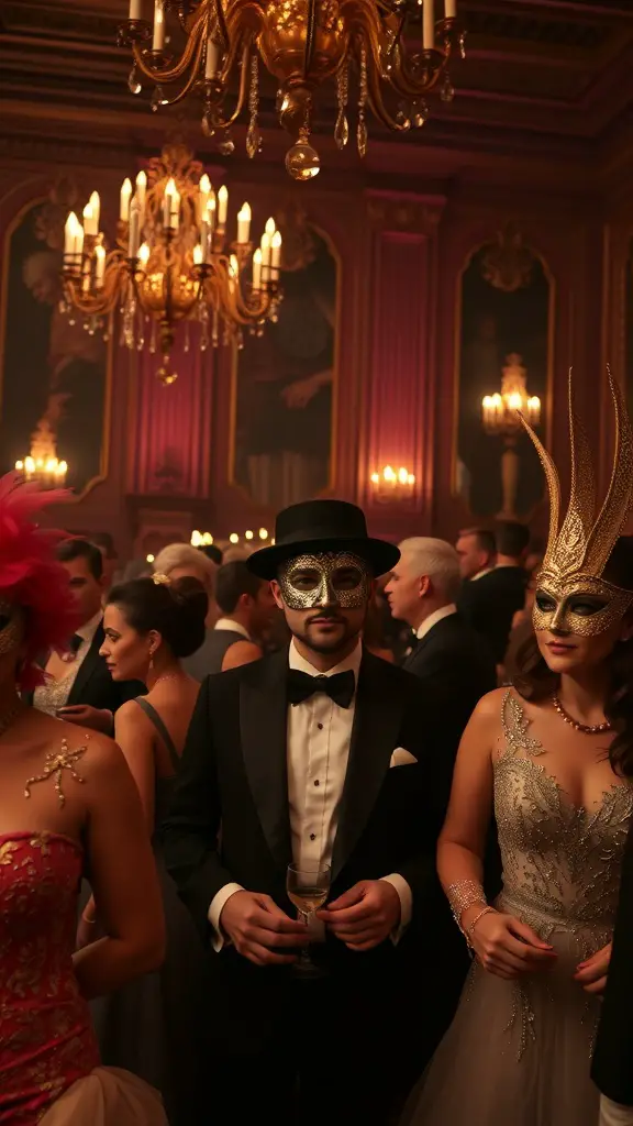 15 Creative Christmas Party Theme Ideas for Your Holiday Celebration 6 A festive Christmas masquerade ball with elegantly dressed guests wearing masks, chandeliers, and a lively atmosphere.