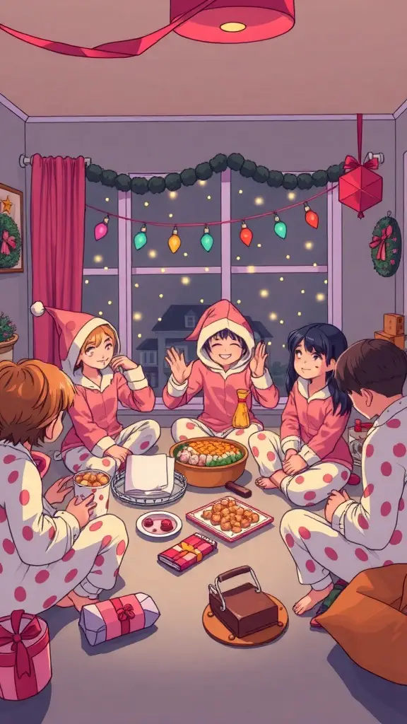 15 Creative Christmas Party Theme Ideas for Your Holiday Celebration 16 A cozy Christmas pajama party scene with friends in matching pajamas, festive decorations, and a variety of snacks.