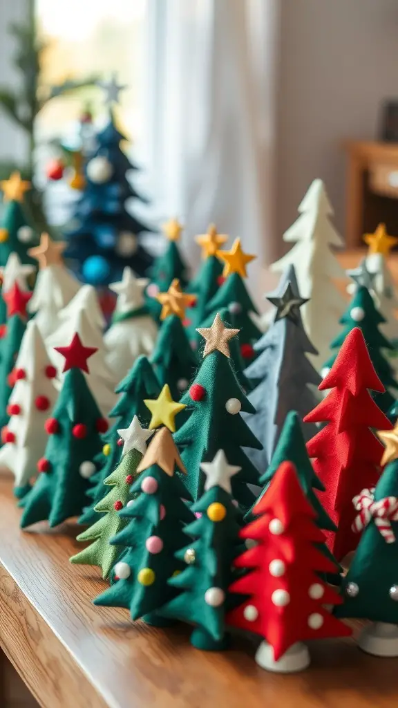Colorful felt Christmas trees with stars and decorations displayed on a wooden table