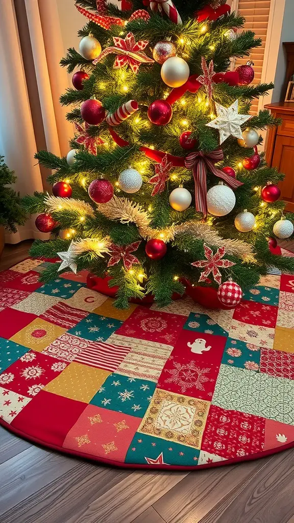 A colorful patchwork Christmas tree skirt under a beautifully decorated Christmas tree.