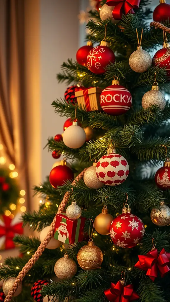A beautifully decorated Christmas tree with red and gold ornaments, including playful gift boxes and various shapes.
