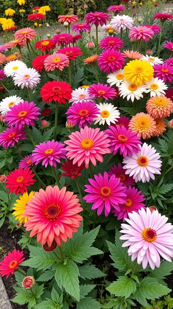 19 Stunning Fall Plants to Brighten Your Garden 8 A vibrant display of chrysanthemums in various colors including pink, red, yellow, and white, showcasing their beauty in a garden setting.