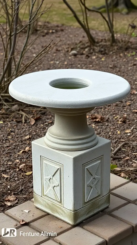 A simple cinder block bird bath with a round top, set in a garden.