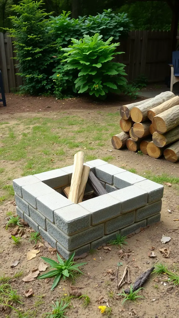 17 Creative DIY Fire Pit Ideas for Your Backyard 15 A cinder block fire pit with logs, surrounded by greenery.