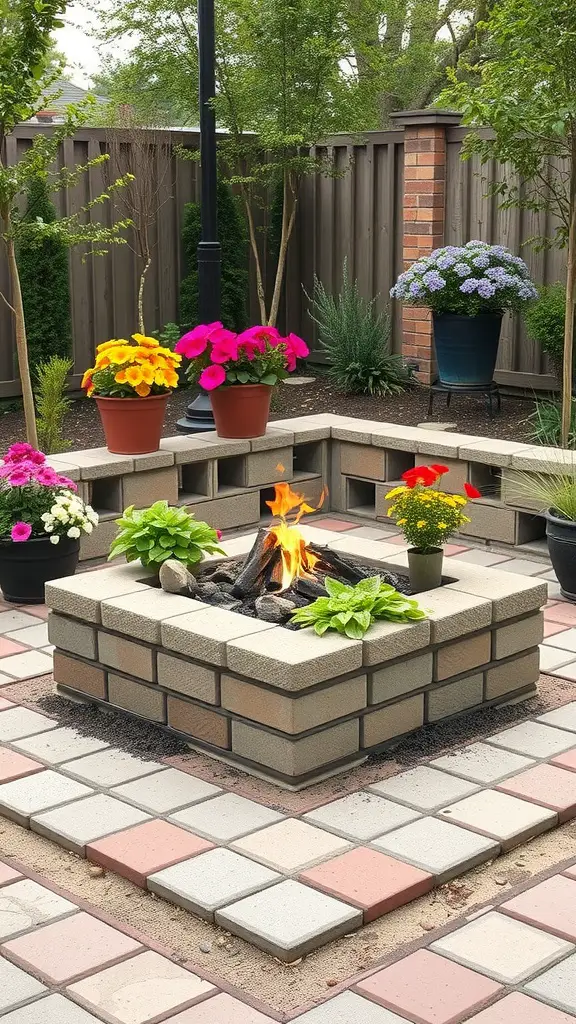 13 Creative Cinder Block Fire Pit Ideas for Your Backyard 4 A cozy cinder block fire pit surrounded by colorful planters and a paved area.