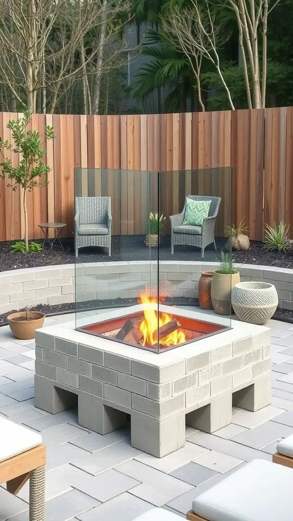 13 Creative Cinder Block Fire Pit Ideas for Your Backyard 15 Cinder block fire pit with glass wind guard surrounded by seating and plants