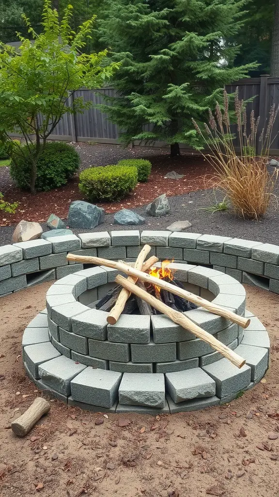 13 Creative Cinder Block Fire Pit Ideas for Your Backyard 9 Cinder block fire pit with wooden logs and a fire in a backyard setting
