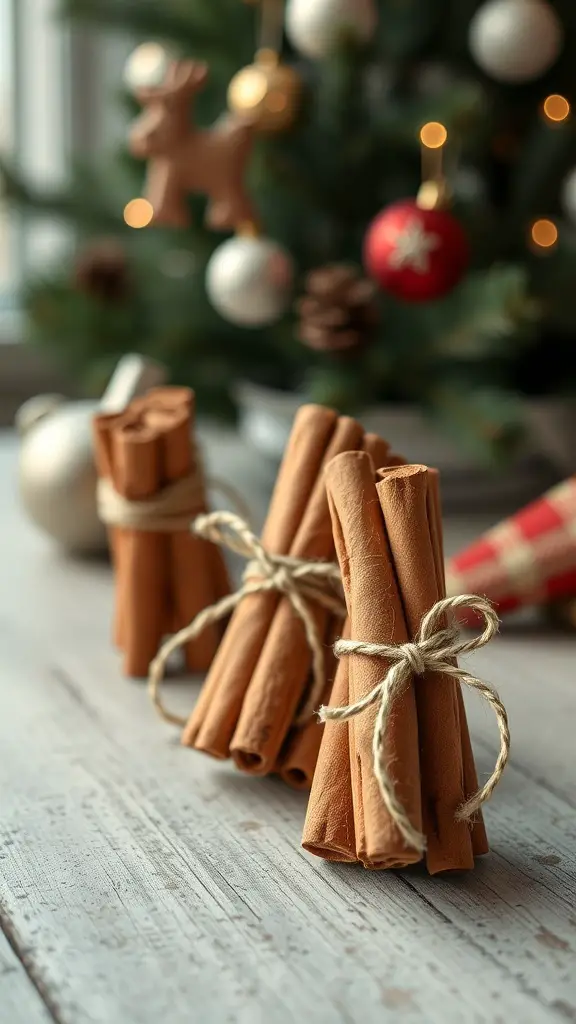 Bundles of cinnamon sticks tied with twine, placed on a wooden surface with a Christmas tree in the background.
