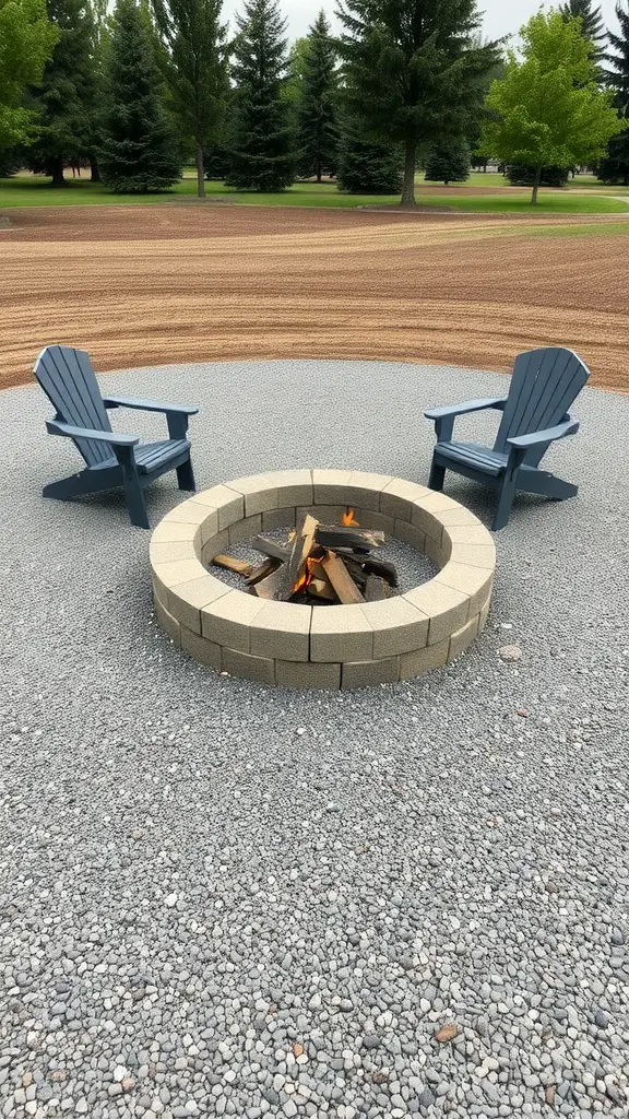 13 Creative Cinder Block Fire Pit Ideas for Your Backyard 10 Circular cinder block fire pit surrounded by gravel with two blue chairs