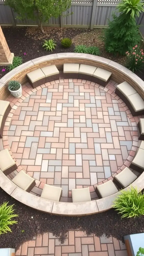 29 Stunning Outdoor Paver Patio Ideas to Transform Your Backyard 11 Circular paver patio with integrated seating and surrounding greenery