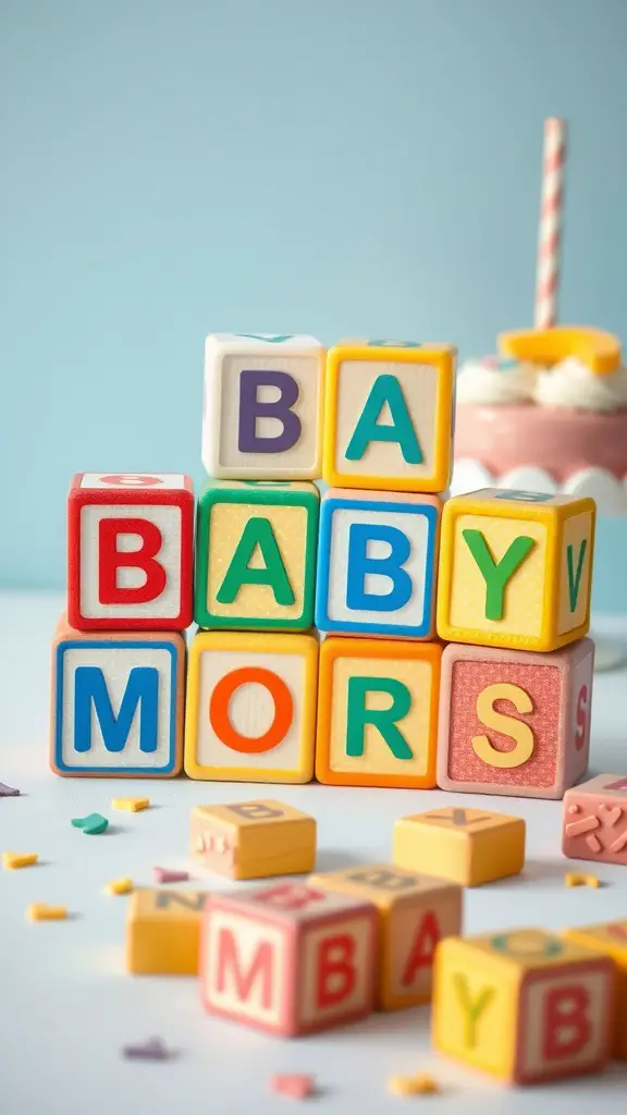 23 Adorable Baby Shower Decorations for Boys 5 Colorful baby blocks spelling 'BABY' with a dessert in the background