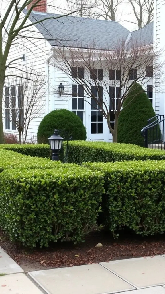 17 Stunning Front Yard Landscaping Ideas for a Beautiful Home Exterior 13 Image of neatly trimmed boxwood hedges forming a geometric shape in front of a home, surrounded by trees.