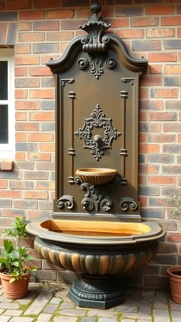 A classic bronze fountain with intricate designs, set against a brick wall, surrounded by potted plants.
