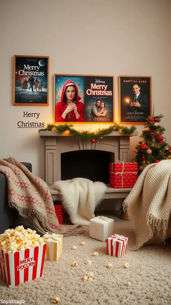 15 Creative Christmas Party Theme Ideas for Your Holiday Celebration 8 A cozy living room decorated for Christmas with movie posters, popcorn, and gifts.