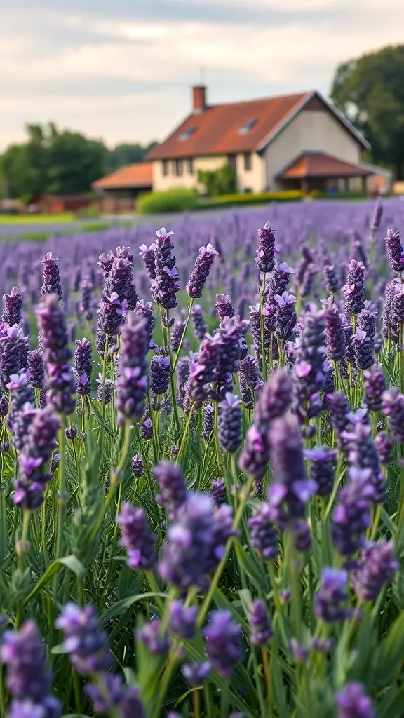 15 Stunning French Garden Ideas to Transform Your Outdoor Space 13 A field of lavender with a house in the background, showcasing vibrant purple flowers under a soft sky.