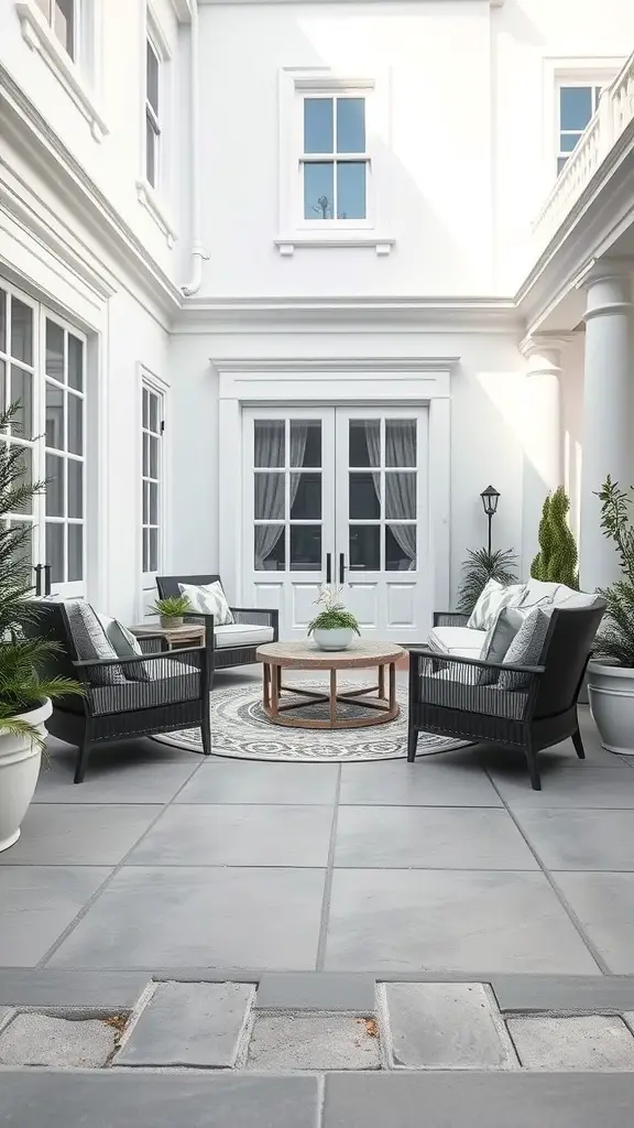 45 Creative Paint Ideas for Your Concrete Patio 10 A modern patio featuring gray concrete flooring, white walls, and stylish outdoor furniture.