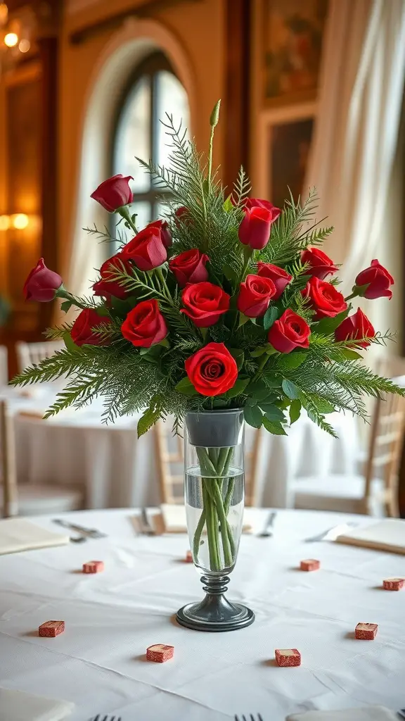 A winter wedding centerpiece featuring red roses and green foliage in a clear vase.