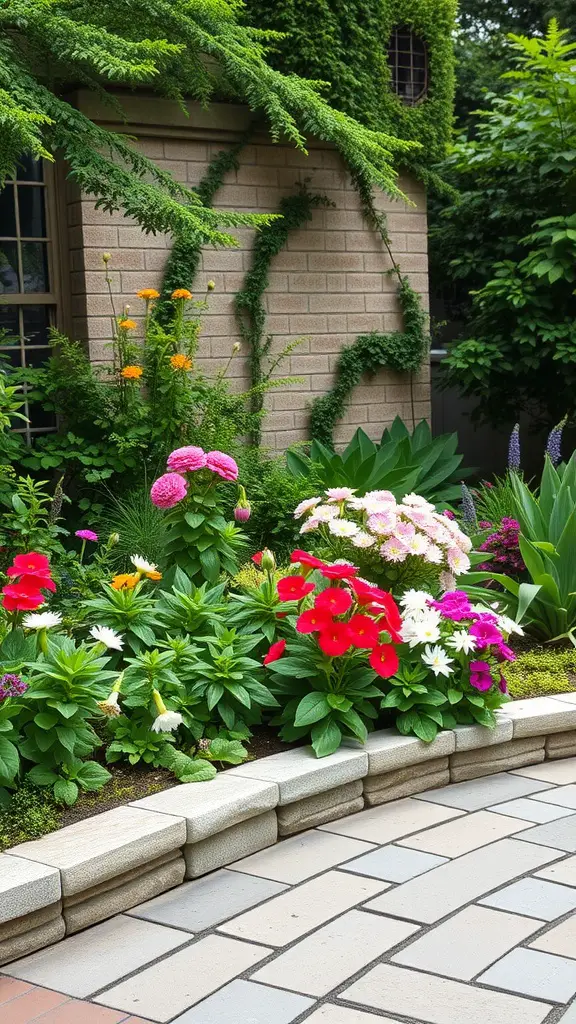 21 Creative Garden Border Ideas You Can Try Today 5 A flower bed bordered by classic stone edging, featuring vibrant flowers in various colors.