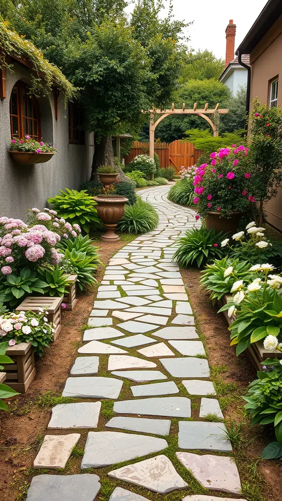 17 Charming Vintage Garden Decor Ideas to Enhance Your Outdoor Space 14 A winding stone pathway surrounded by colorful flowers and greenery in a vintage garden.
