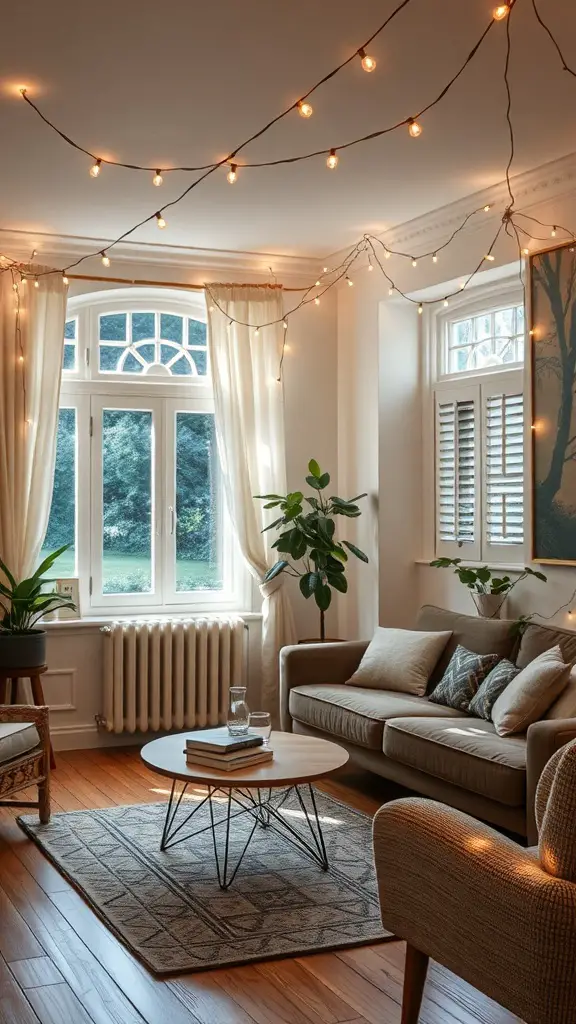 A cozy living room with classic white string lights hanging from the ceiling, brightening the space.