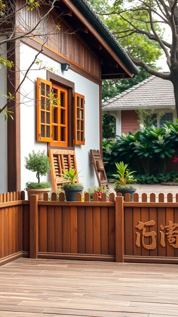 19 Creative House Skirting Ideas to Transform Your Home 2 A wooden fence surrounding a house with a cozy exterior and plants.