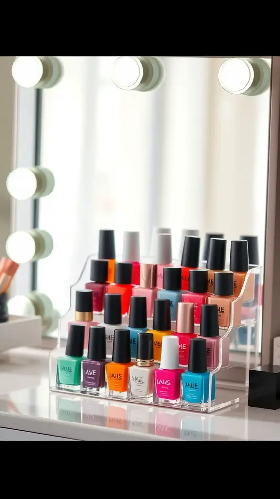 19+Creative Nail Polish Storage Ideas You’ll Love 5 A clear acrylic nail polish organizer displaying various nail polish bottles in vibrant colors.