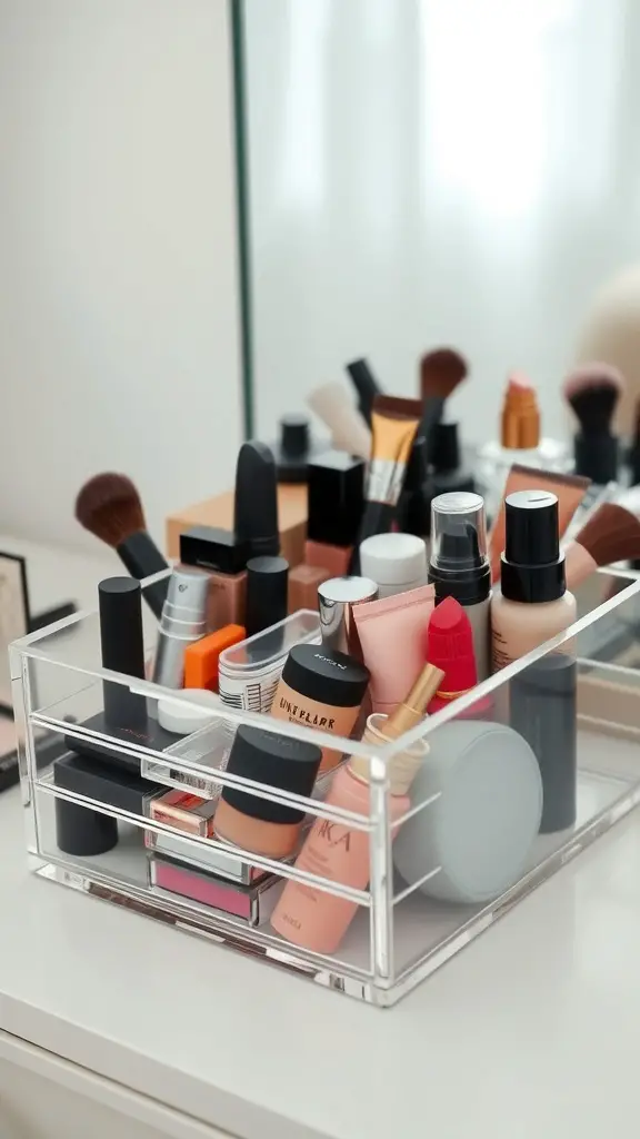 19+Creative Makeup Storage Ideas You Need to Try 5 A clear acrylic makeup organizer filled with various beauty products on a vanity.