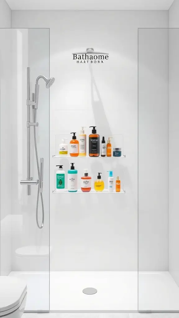19+Stylish and Functional Shower Caddy Ideas to Organize Your Space 2 A clear acrylic shower organizer displaying various bottles in a modern shower setting.