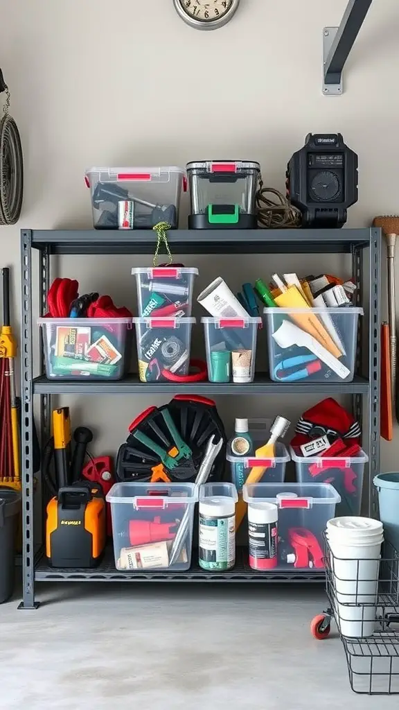 37+Genius Ideas for Garage Storage Organization 2 Organized garage shelf with clear storage bins filled with various tools and supplies.