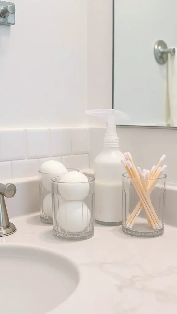 Clear containers with bath bombs and cotton swabs on a bathroom countertop