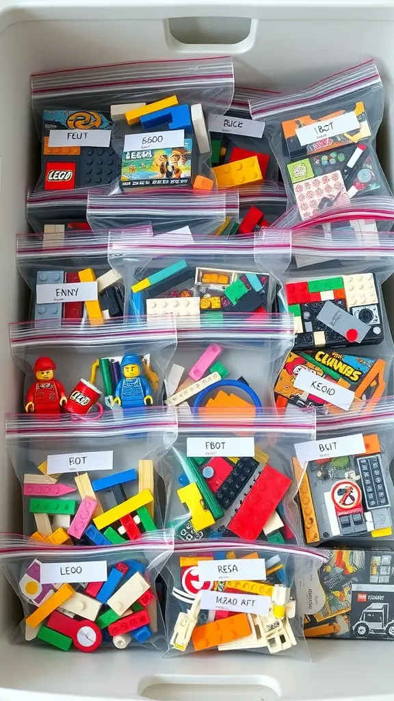A collection of clear plastic bags filled with LEGO pieces, neatly labeled and organized in a storage container.