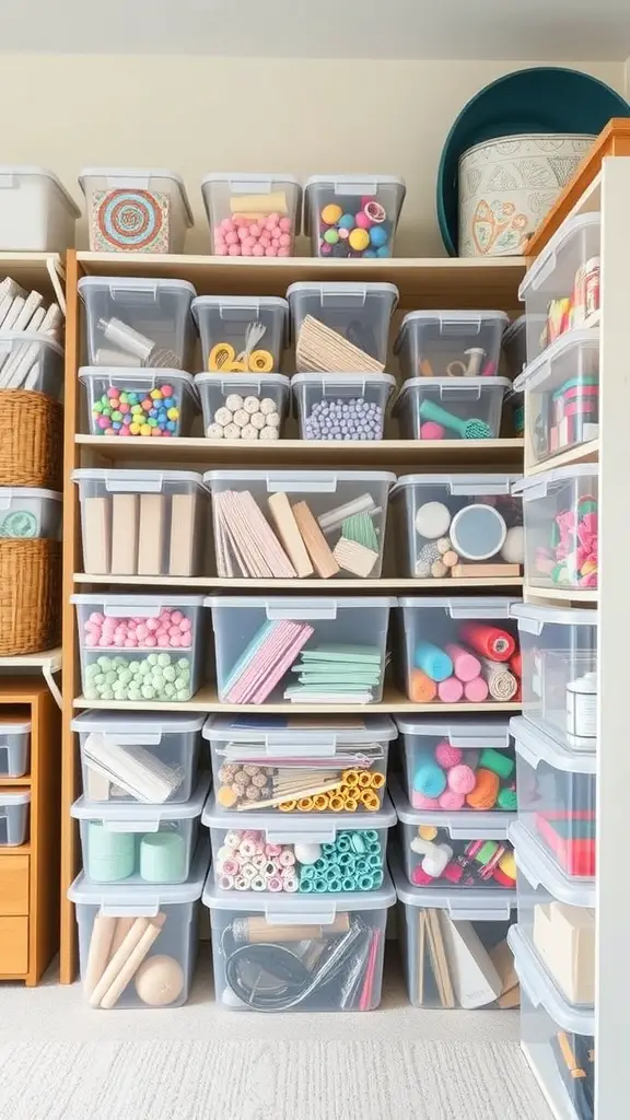 A well-organized craft room shelf with clear plastic bins filled with various craft supplies.