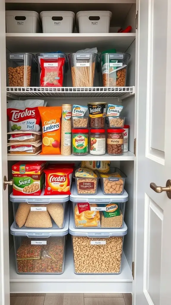 19 Affordable Dollar Tree Kitchen Organization Ideas You Need to Try 10 Organized pantry with clear plastic bins and labeled containers