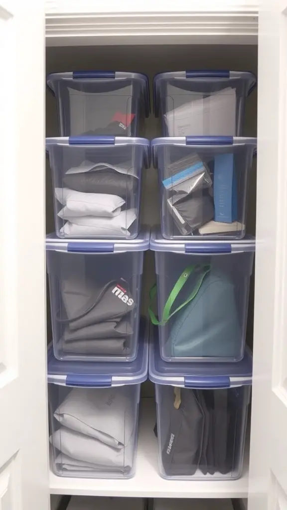 A closet with neatly stacked clear plastic bins containing bags and other items.
