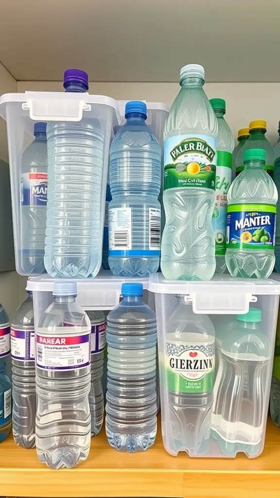 15+ Creative Ways to Store Your Water Bottles 9 Organized water bottles in clear plastic containers on a shelf