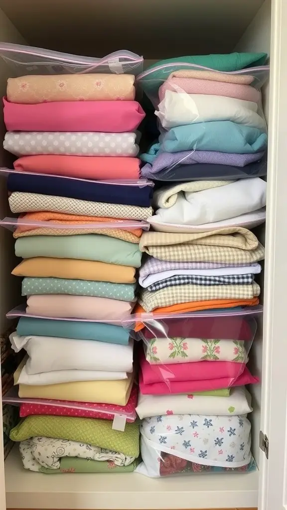 21 Creative Fabric Storage Solutions You Need to Try 10 An organized shelf with various fabrics stored in clear plastic bags, showcasing a colorful and tidy arrangement.