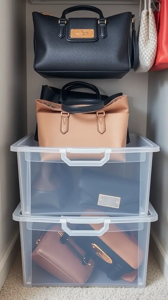 Clear storage bins holding various handbags, showcasing an organized closet space.