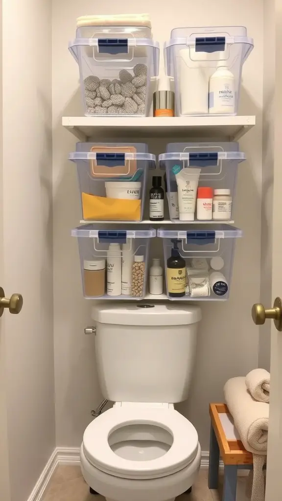 17 Creative Over Toilet Storage Ideas for Small Bathrooms 15 Organized bathroom storage with clear bins above a toilet