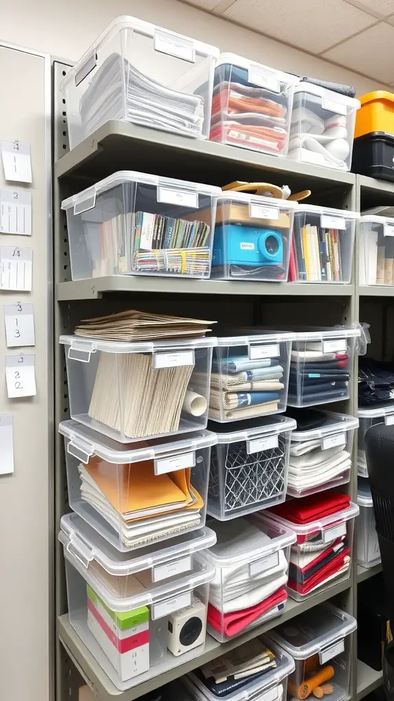 15 Creative Office Storage Ideas to Maximize Space 15 A shelving unit with clear storage bins filled with various office supplies, neatly organized and labeled.