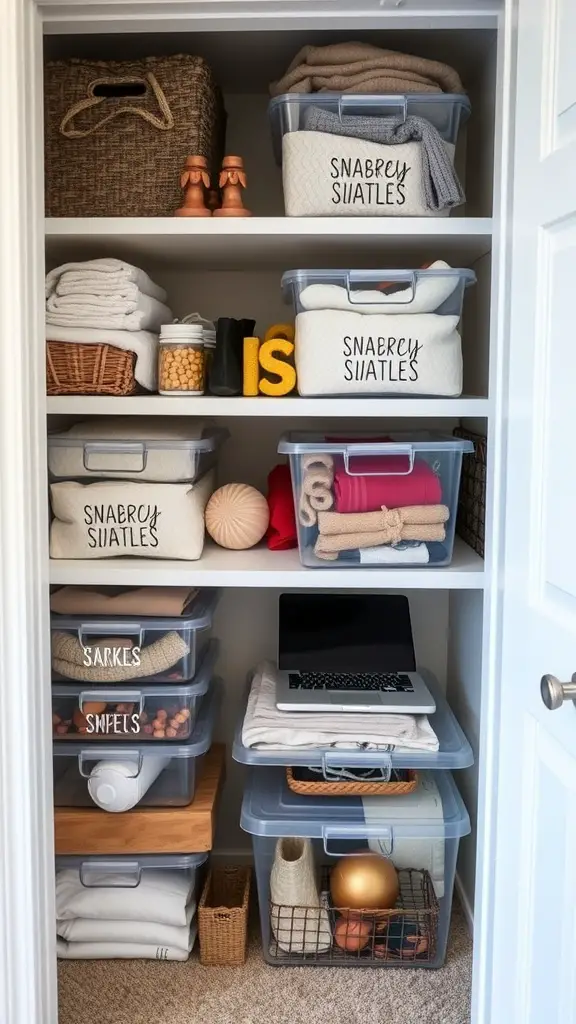 23 Creative Small Closet Organization Ideas for Maximum Space 10 Organized closet with clear storage bins and labeled contents