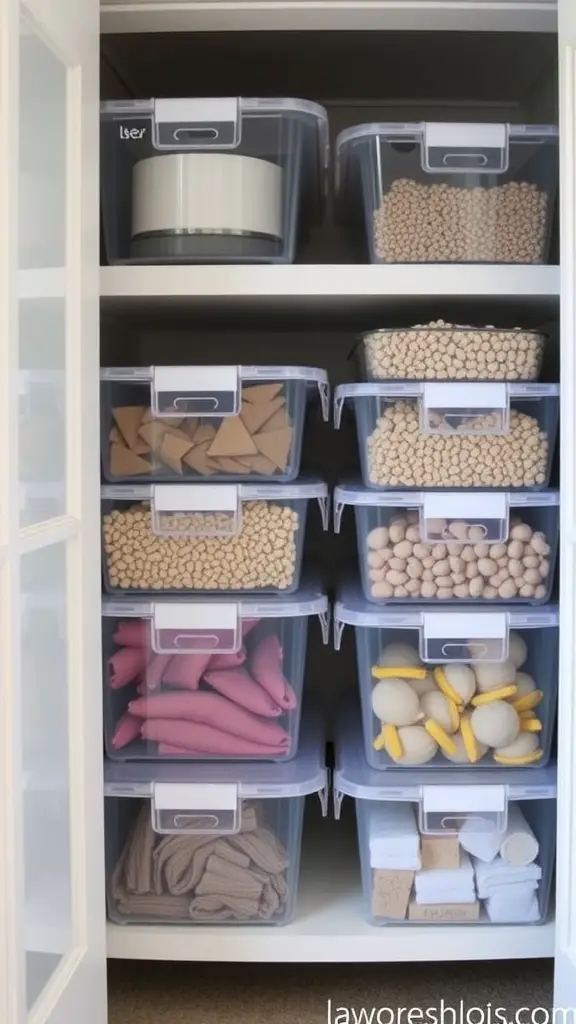 17+ Smart Closet Storage Ideas to Maximize Space 7 A neatly organized closet with clear storage bins filled with various items.