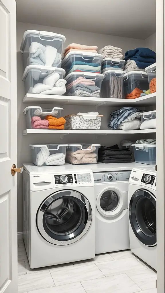 23 Creative Laundry Room Storage Ideas You Need to Try 12 A laundry room with clear storage bins neatly organized on shelves, containing folded towels and laundry supplies.