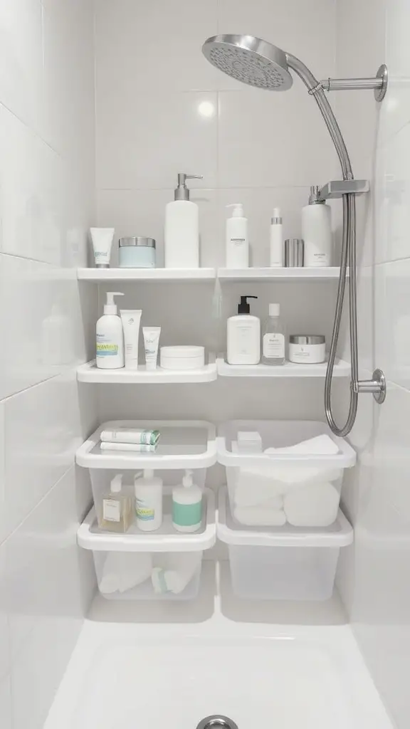15+ Stylish Shower Storage Ideas to Maximize Space 5 Organized shower with clear storage bins holding various toiletries and towels.