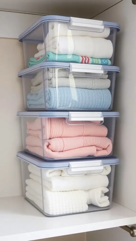23+Creative Laundry Room Storage Ideas You Need to Try 11 Stacked clear storage containers filled with neatly folded towels and blankets in a laundry room.