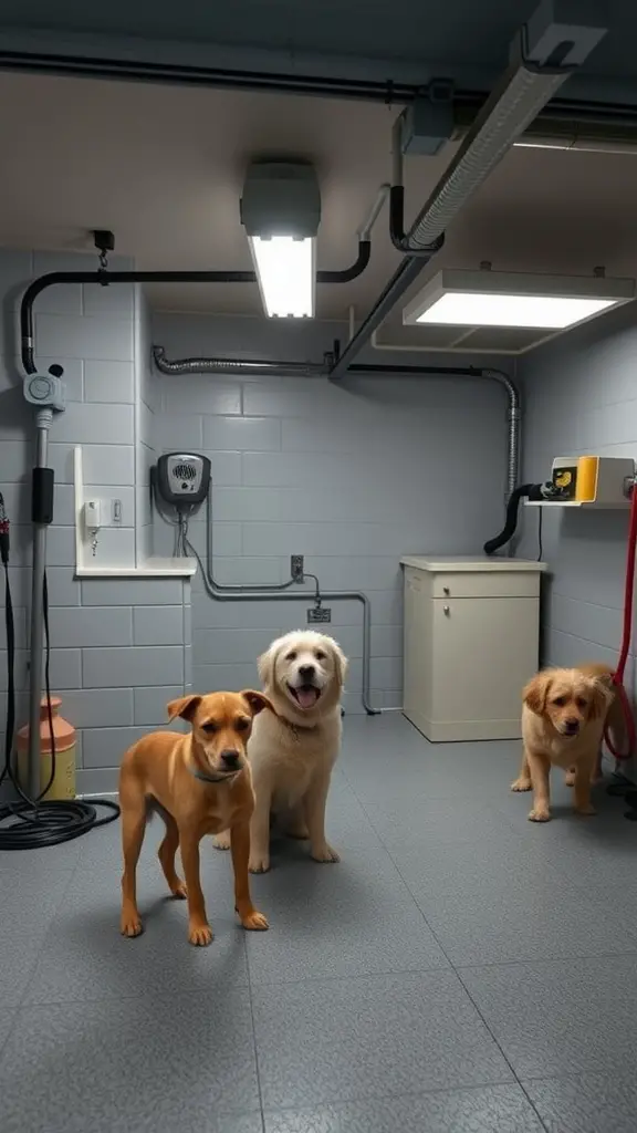 17+ Creative Dog Room Ideas for Your Garage 11 A climate-controlled dog space in a garage with three dogs standing on the floor.