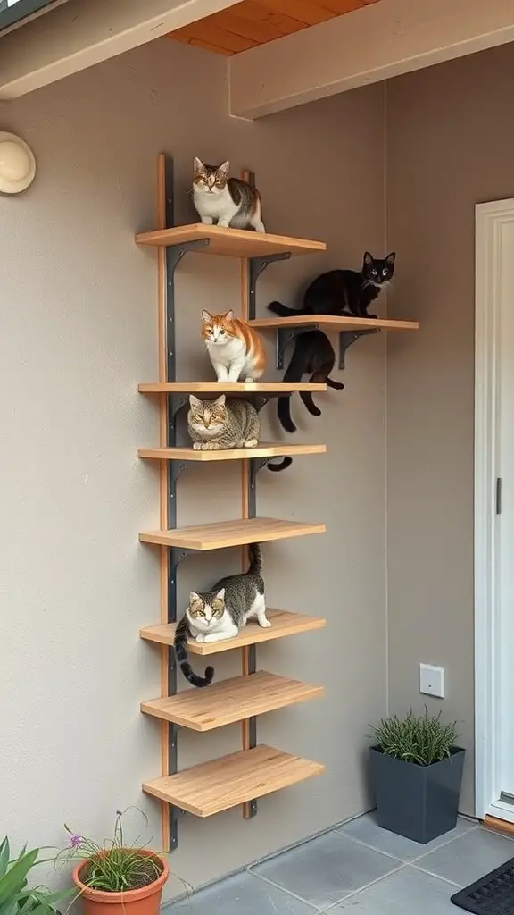 21 Creative Cat Friendly Patio Ideas for the Purrfect Outdoor Space 5 Cats on climbing shelves in a patio setting