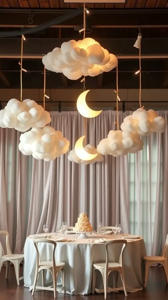 23 Adorable Baby Shower Decorations for Boys 11 Hanging cloud and moon decor for a baby shower